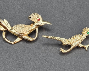Vintage-Road Runner Bird Rhinestone Gold Tone-Pin Brooch-Set of 2