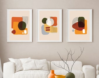 Set of 3 Prints, Living Room Wall Art, Abstract Art, Printable Print Set, Three Prints, Green and Rust Wall Art, Neutral Print Set, 24x36