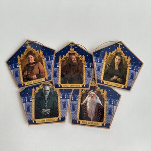 Peut inclure: Cinq ornements pentagonaux avec des portraits de personnages d'une série fantastique. Chaque ornement a un fond bleu, une bordure dorée et une ficelle dorée pour l'accrochage. Les noms des personnages sont imprimés en bas.