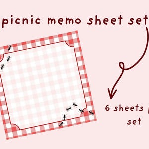 Hojas de notas con temática de picnic: papelería adorable en rojo, rosa y azul / Papel de bloc de notas kawaii para diario, cartas a amigos por correspondencia y scrapbooking