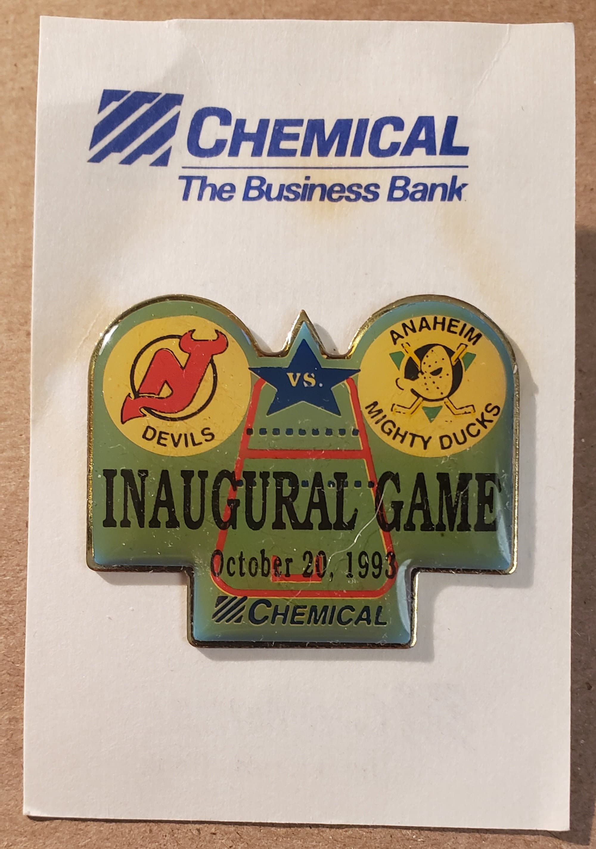 Mighty Ducks of Anaheim vs. NJ Devils Inaugural Game Chemical Bank Lapel Pin