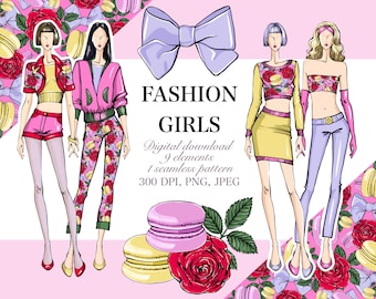 Imágenes prediseñadas de chicas a la moda, patrón de macarrones rosas y rosas (descarga digital)