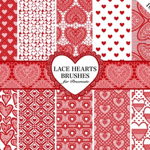 May include: Ten digital brushes for Procreate featuring red lace heart patterns. The brushes are designed for creating Valentine's Day themed designs.