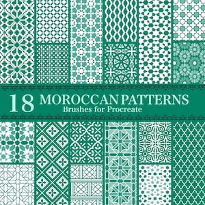 Puede incluir: 18 pinceles de patrones marroquíes para Procreate. Los patrones son en verde y blanco y presentan diseños geométricos.