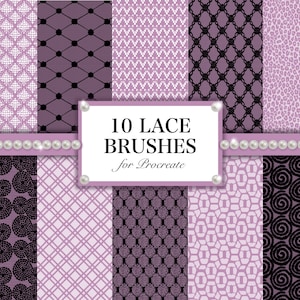 Peut inclure: Un ensemble de 10 brosses numériques en dentelle pour Procreate, présentant une variété de motifs délicats et complexes. Les brosses sont affichées sur un fond violet avec une bordure blanche et le texte "10 Lace Brushes for Procreate".