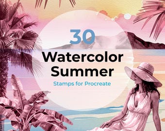 Sellos de acuarela de verano para Procreate: elementos de vacaciones tropicales, palmeras, gente de playa y pinceles digitales de acuarela.