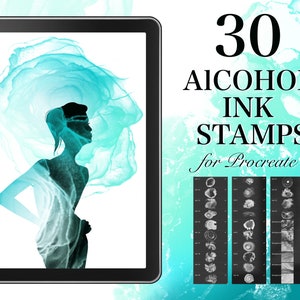 May include: A digital tablet shows a teal and white abstract design of a woman's silhouette. The text reads "30 ALCOHOL INK STAMPS for Procreate." Examples of the stamps are shown below.