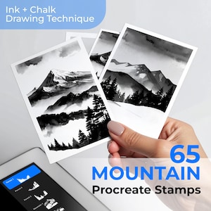 May include: Black and white mountain landscape Procreate stamps. The image shows three cards with ink and chalk drawing technique mountain illustrations. The text on the image says "Ink + Chalk Drawing Technique" and "65 Mountain Procreate Stamps".