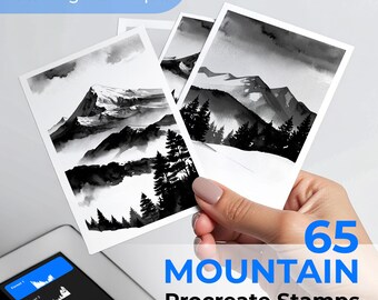 Sellos Procreate de paisajes de montaña, pinceles de acuarela de bosque, kit de sellos Ink Mountain and Sky