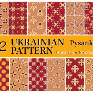 May include: Twelve Ukrainian Pysanka patterns, a traditional folk art style, in a variety of colors and designs. These patterns are perfect for creating unique and beautiful designs for your projects.  The text "12 UKRAINIAN Pysanka PATTERN brushes for Procreate" is displayed at the bottom of the image.