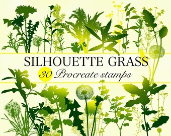 Silhouette grass brushes, Herb stamps Procreate,  wild grass stamp, botanical brush, herb Procreate, Procreate grass stamps, Dandelion brush