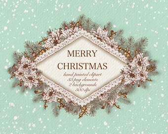 Imágenes prediseñadas navideñas en formato PNG, ilustraciones florales de invierno (33 elementos)