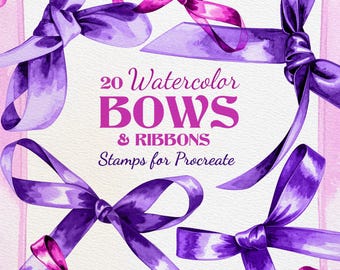 20 pinceles de lazos y cintas de acuarela para Procreate, elegantes sellos de cinta para invitaciones y marca.