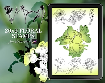 Sellos florales para Procreate, pinceles de línea y silueta (descarga digital)