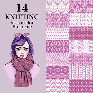 May include: 14 knitting brushes for Procreate. The image shows a set of 14 digital brushes for Procreate, featuring various knitting patterns in pink and white.