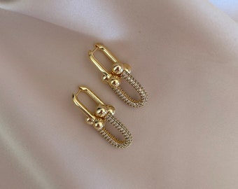 18K Gold U Shape Earrings, CZ U Link Earrings, Statement Earrings, U Shaped Hoop Earrings, Gold & Silver Earrings for Women, Gift for Her