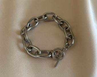 Chunky Silver Link Chain Bracelet, Thick Chain Bangle 925S, T Clasp Bracelet