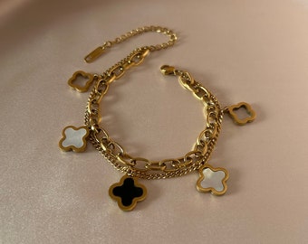 Gold Clover Bracelet, Black& white mother of pearl clover bracelet, Double chain layer clover bracelet, waterproof jewelry, gift for her