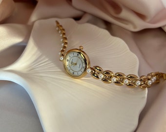 Reloj de pulsera para mujer de oro, reloj vintage con pulsera de perlas, reloj vintage para mujer, reloj retro con esfera redonda, el mejor regalo para min, idea actual