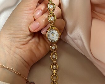 Reloj vintage de pulsera para mujer, reloj de perlas, reloj con correa de perlas, reloj de mujer delicado, reloj minimalista de nácar, día de las madres, regalo para ella