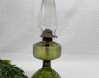Vintage Green Glass Oil Lamp with Clear Shade