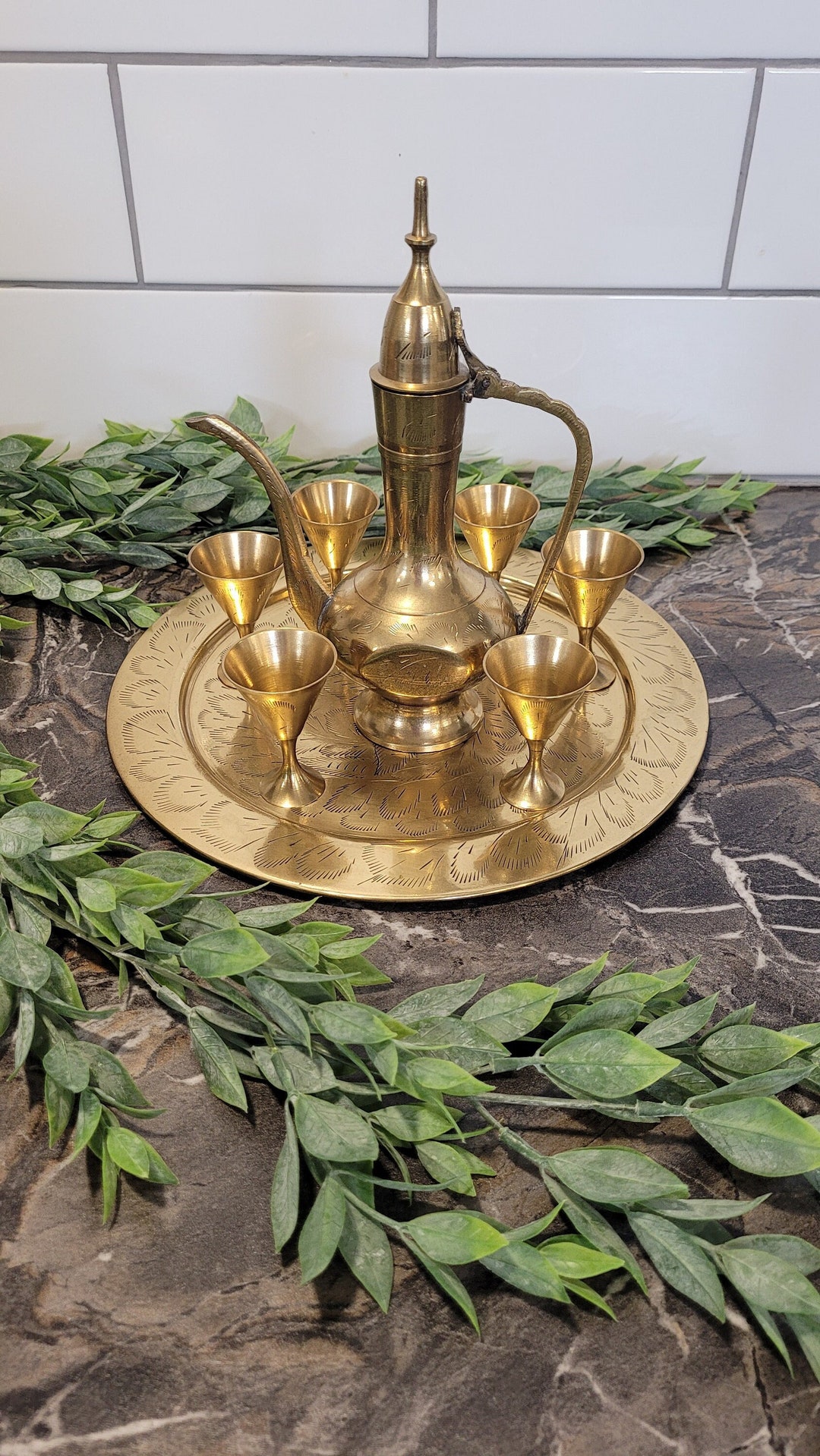 Vintage Etched Brass Teapot, 8 Piece Set Etsy