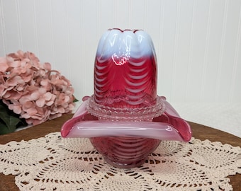 Fenton Cranberry Opalescent Drapery Spiral Optic 3 Piece Fairy Lamp