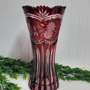 Bohemian Czech Ruby Cut To Clear Crystal Vase, Large and Heavy Crystal Vase