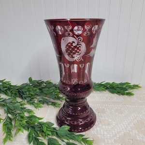 Bohemian Ruby Red Etched Crystal Vase, Vintage