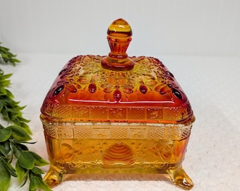 RARE Sunset Indiana Tiara Glass Honey Bee Box With Splayed Feet, Glows!