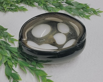 Alfredo Barbini Murano Black White and Gold, Art Glass Ashtray, Bowl, Vintage