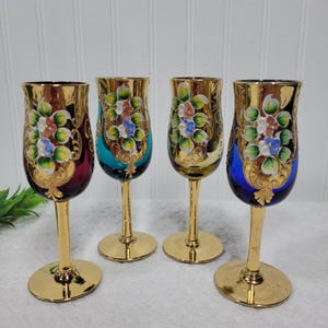 Murano Gold Cobalt Venetian Glass Enameled Liquor Glasses, Set Of 4 Glasses, Handmade In Italy, Vintage