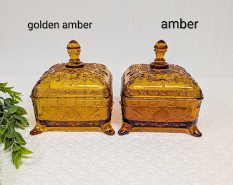 RARE Golden Amber | Amber Indiana Tiara Glass Honey Bee Box With Splayed Feet