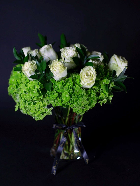 Fresh White Roses And Green Hydrangeas Fresh Flower Bouquet Etsy