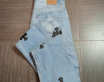 vtg Levis 501 original light blue Jeans with Custom Handmade leather patches W37L30