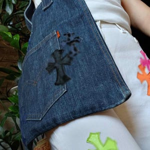 Blue Levis denim shopper bag with handmade patches
