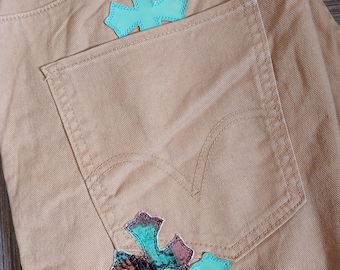Levis 511 original Jeans with Custom Handmade leather patches W34L32