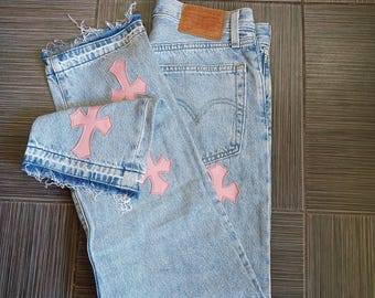 vtg Levis 501 original light blue Jeans with Custom Handmade leather patches W26L27
