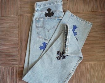 Jeans Levi's 501 originales azul claro vintage para mujer con parches de cuero hechos a mano personalizados W30L28