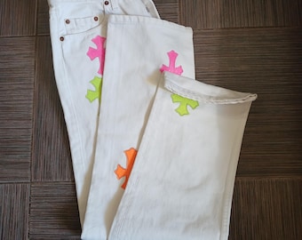 vtg Levis 501 original white Jeans with Custom Handmade leather patches W29L32
