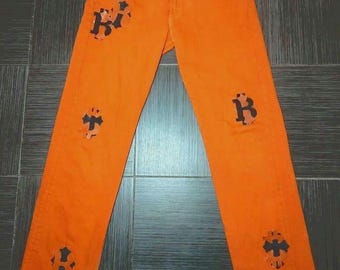 Vintage Levis 501 Orange Jeans authentic with Bitcoin Orange leather patches