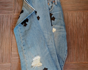 vtg Levis 501 original light blue Jeans with Custom Handmade leather patches W30L34