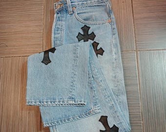 Vaqueros Levi's 501 originales, color azul claro, con parches de cuero hechos a mano, talla 32, longitud 32, ancho 32.