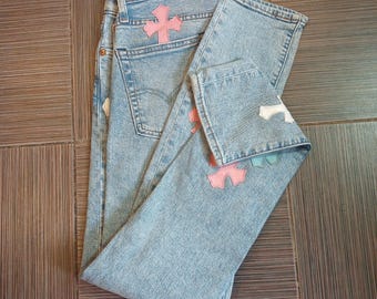 Jeans Levi's 510 originales azules vintage con parches de cuero hechos a mano personalizados. Talla W27 L32.