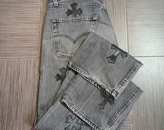 ヴィンテージ リーバイス 501 オリジナル グレー ジーンズ カスタム ハンドメイド レザーパッチ付き W33-34 L32