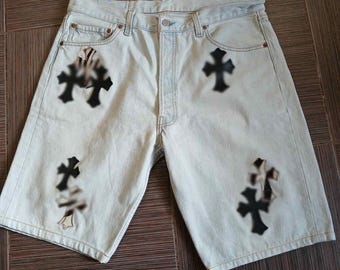 vtg Levis 501 original light blue shorts with Custom Handmade leather patches W36