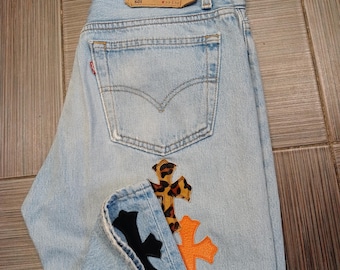 vtg Levis 501 original light blue Jeans with Custom Handmade leather patches W32L32