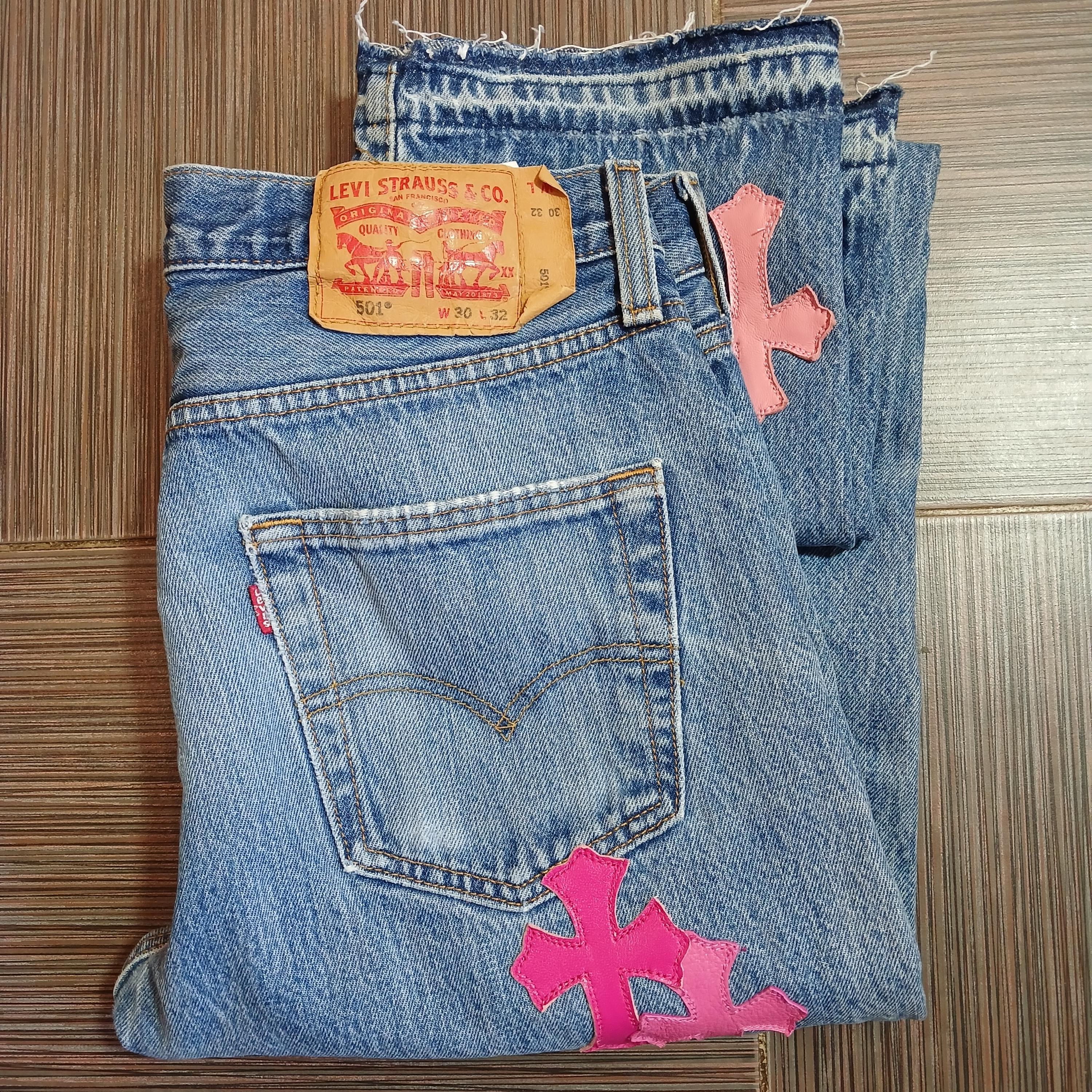 vtg Levis 501 original light blue Jeans with Custom Handmade leather patches W30L32