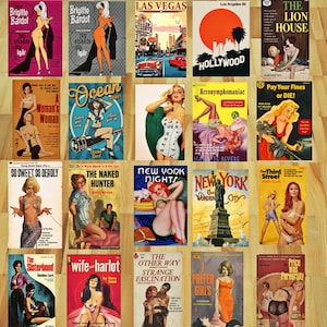 May include: A collage of vintage paperback book covers featuring a variety of genres, including romance, mystery, and crime. The covers feature colorful illustrations and bold typography. Some of the titles include "The Naked Hunter", "New York Nights", and "The Sisterhood".