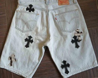 vtg Levis 501 original light blue shorts with Custom Handmade leather patches W36